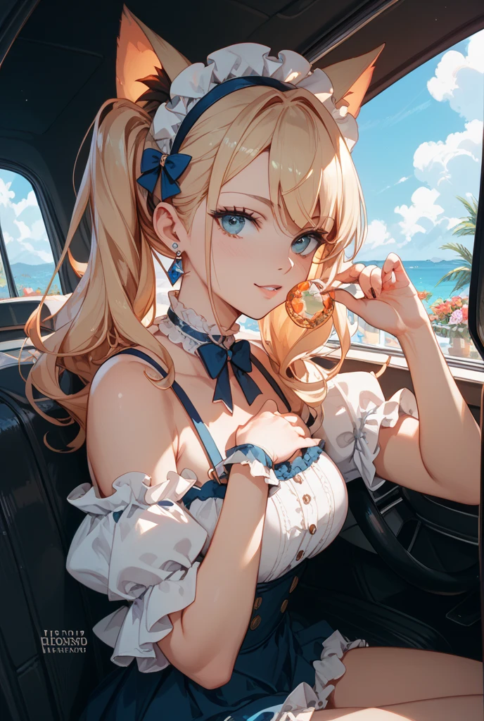 最high quality、best image quality、masterpiece、teenage girl((20-year-old、 By becoming、vest bust、medium bust,wide open breast tea、black eye, blonde hair、long hair、thin,highest valley、white dress、white short skirt,,chest、undressing)),high quality、beautiful art、background((sedan、inside the car))debris flies、Depth of written boundary、movie、visual art、perfect art、8K,genuine