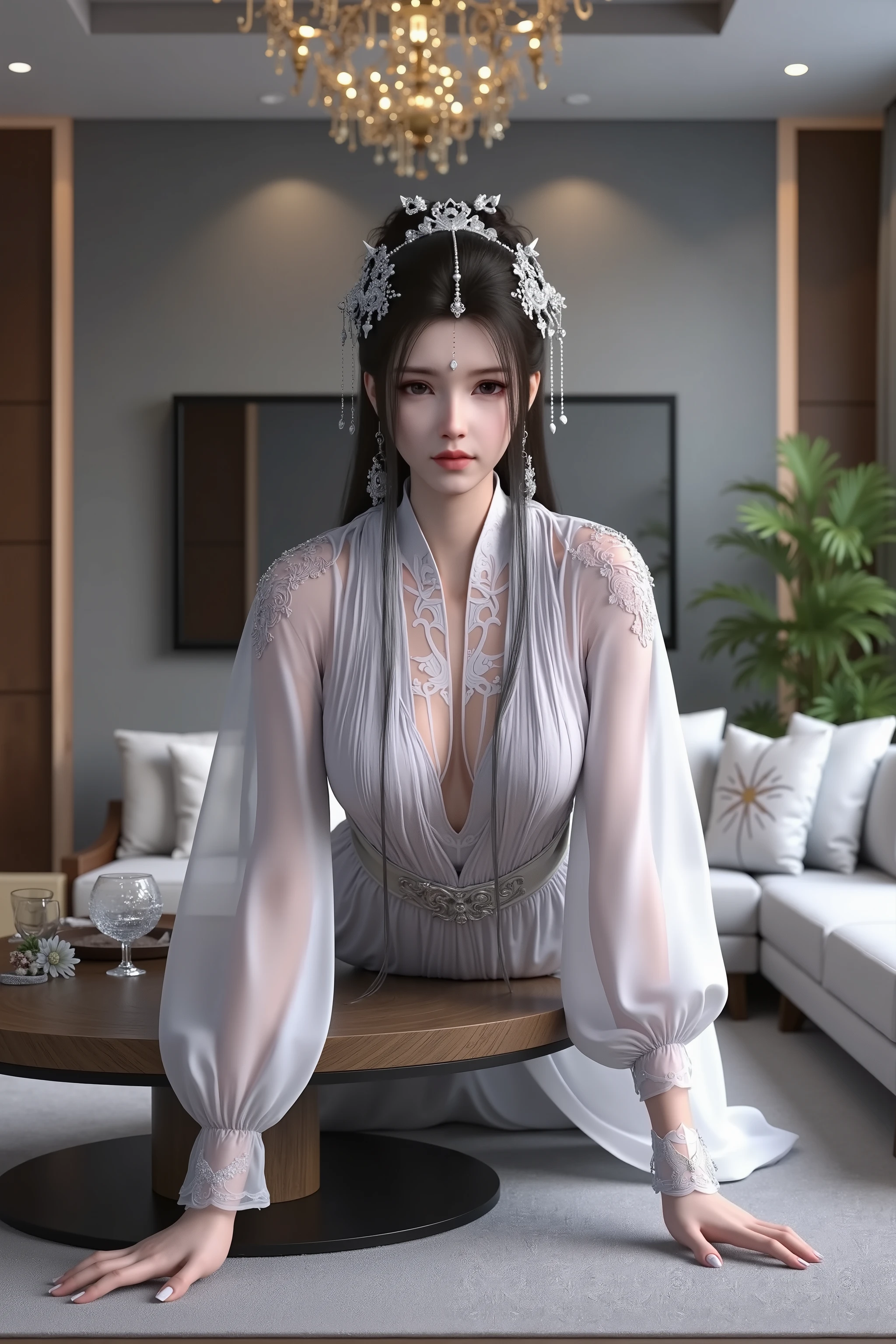 (8k, Raw Photos: 1.2), best quality, illustration, beautiful painting, 1 Sexy Happy Girl, Pretty Face, delicate skin, Gorgeous bun, Hair accessories, (Hanfu:1,4), Looking at the audience, ((Sitting on an old Chinese chair)), Chinese fans, whole body, High Detail, accent, Color ink painting, (((rich and colorful)), lycoris, sketch, Denoise, dramatic, Movie, White background, Ultra-high resolution, The best shadow, Raw, (HDR) (wallpaper) (Movie lighting) (sharp focus, (Very detailed 8k wallpaper), (:1.2), bamboo, Cherry blossoms园, Cherry blossoms, (Open with delay when facing the viewer:1.5),