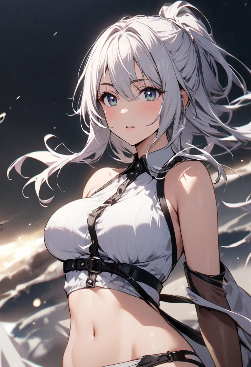 super high quality, girl, 20-year-old, とてもshort hair, long bangs between the eyes, very detailed,(masterpiece、highest quality)、alone、dark grey, silver hair, gray eyes, beautiful eyes,、short hair,blue sky , sunlight,fantasy landscape,smile、I can see your chest、white coat、cute pose