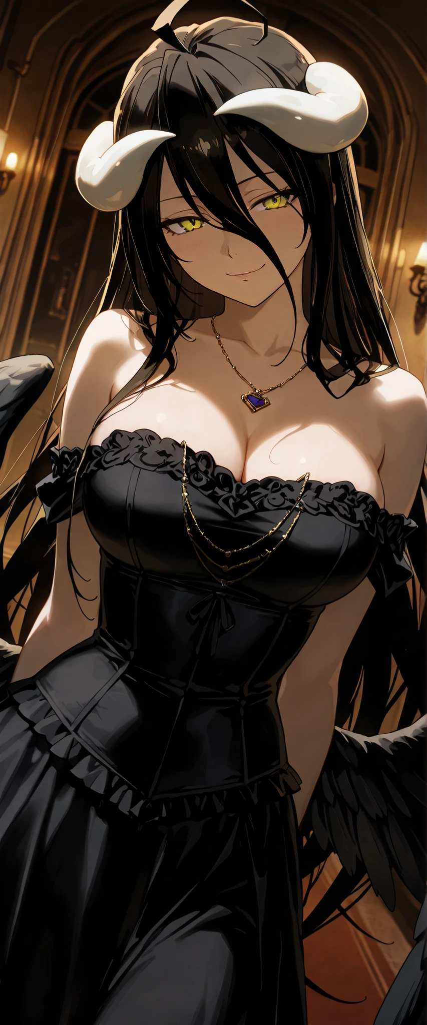 1 woman, albedo (overlord), dutch angle, white horns, dark hair, yellow eyes, black wings, beautiful necklace, seductive victorian dress, cleavage, indoors, manor, seductive smile, seductive pose, chiaroscuro, masterpiece, high quality, highly detailed