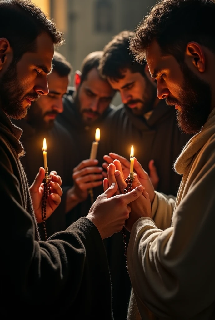 three poor 18 year old MEN dressed in black tunic, candles, sacrificing animals with Blood, clear and ultra realistic image