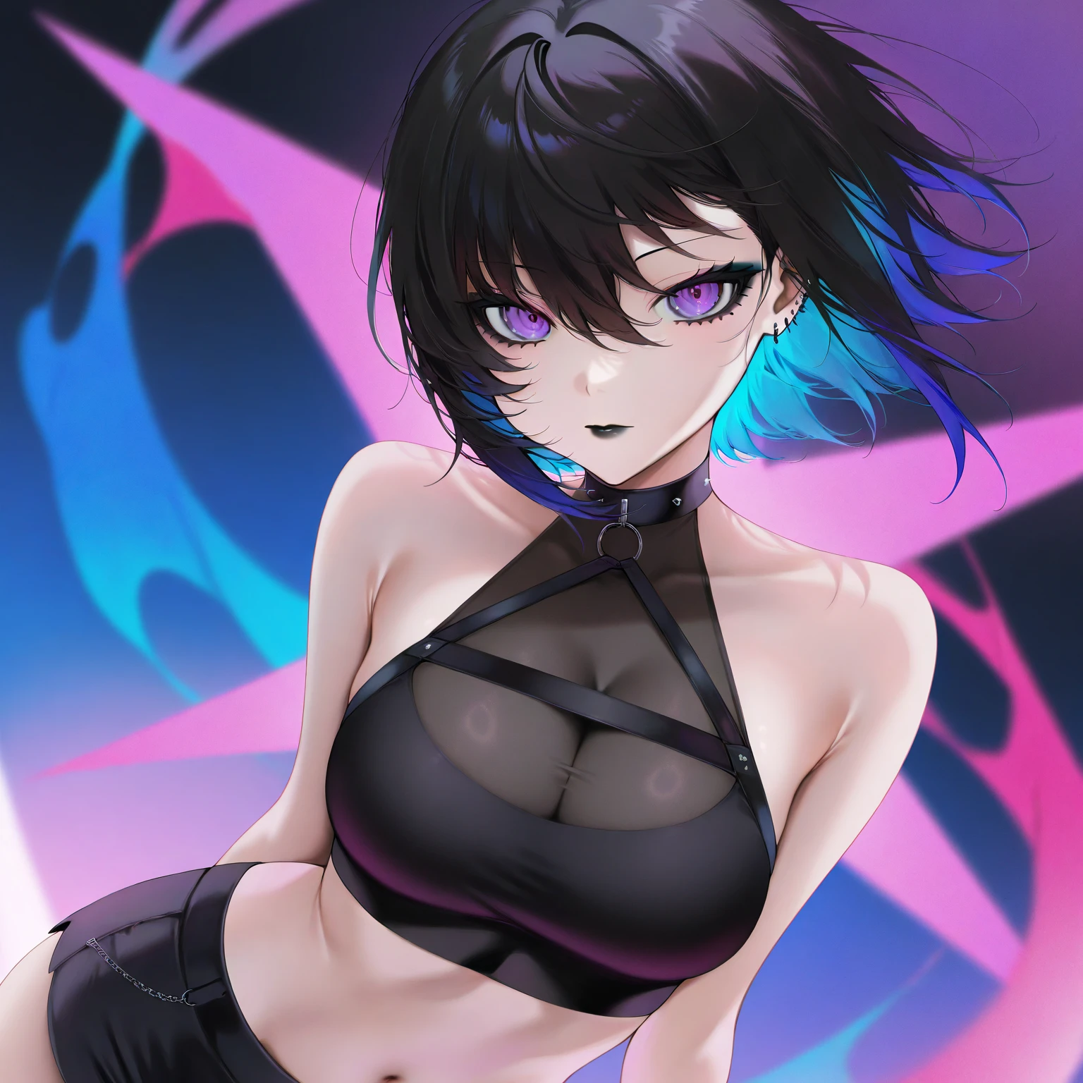 1 Girl, Punk Rock clothes, Short Shoulder Length Hair, (Black hair, Blue and Purple Hair Highlight's), Deep Blue Eye's, Medium Breast Size, Underboob, Sassy, Sexy, Slutty, Pale white skin, Freckles, Tight Button Up Shirt, Black Leather Pants, Hands Behind Back, Leaning forward to show more cleavage, (City Ally Background), (Rain, Rainy, Stormy),