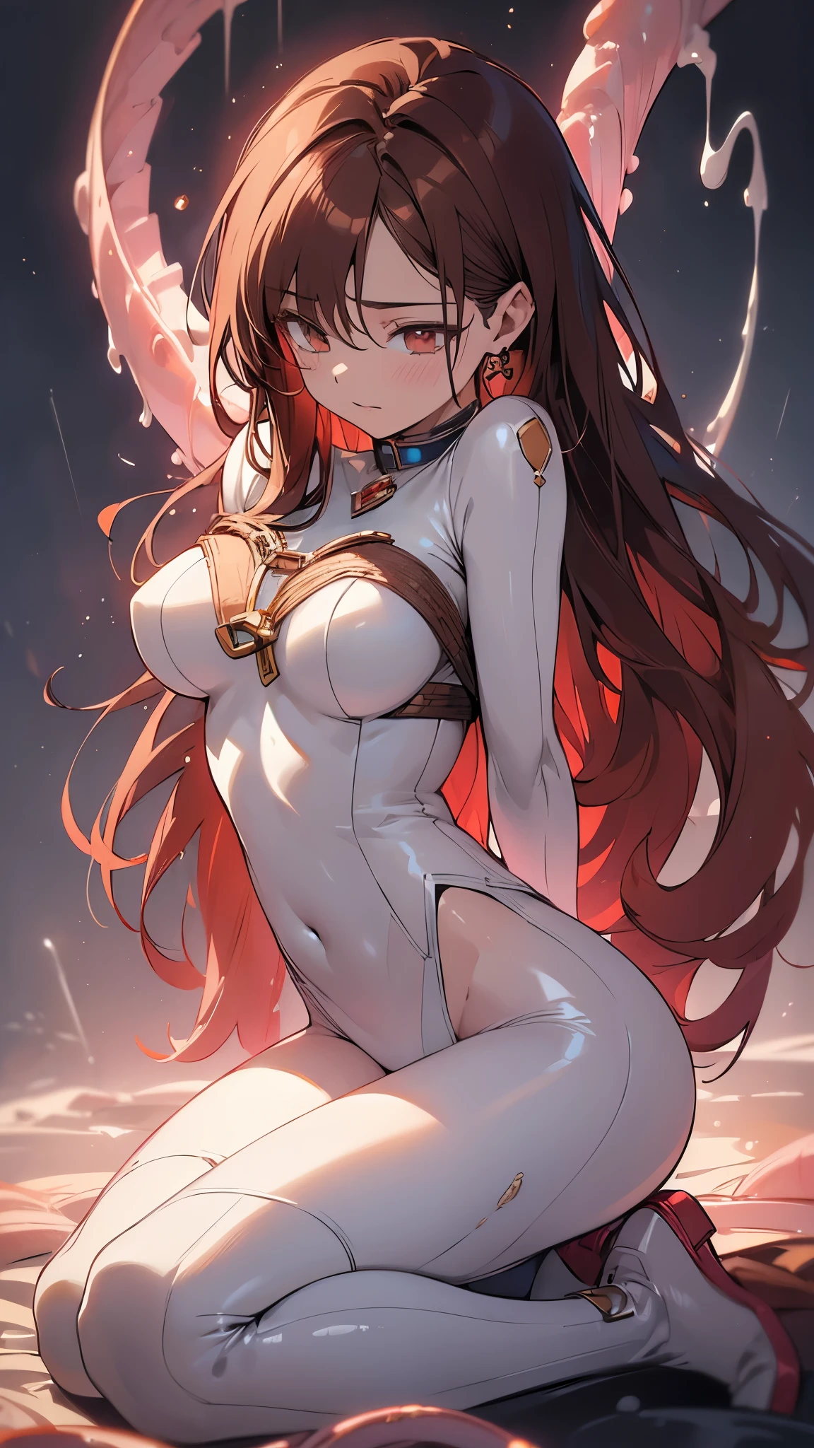 Her outfit consists of a red bodysuit that executes a blue star on a white circle with white stockings on her thighs. She wears red boots and gauntlets, with handcuffs minus the chains. Her appearance is a mixture of a succubus and a female wrestler.  SPARKLE; GLITTER