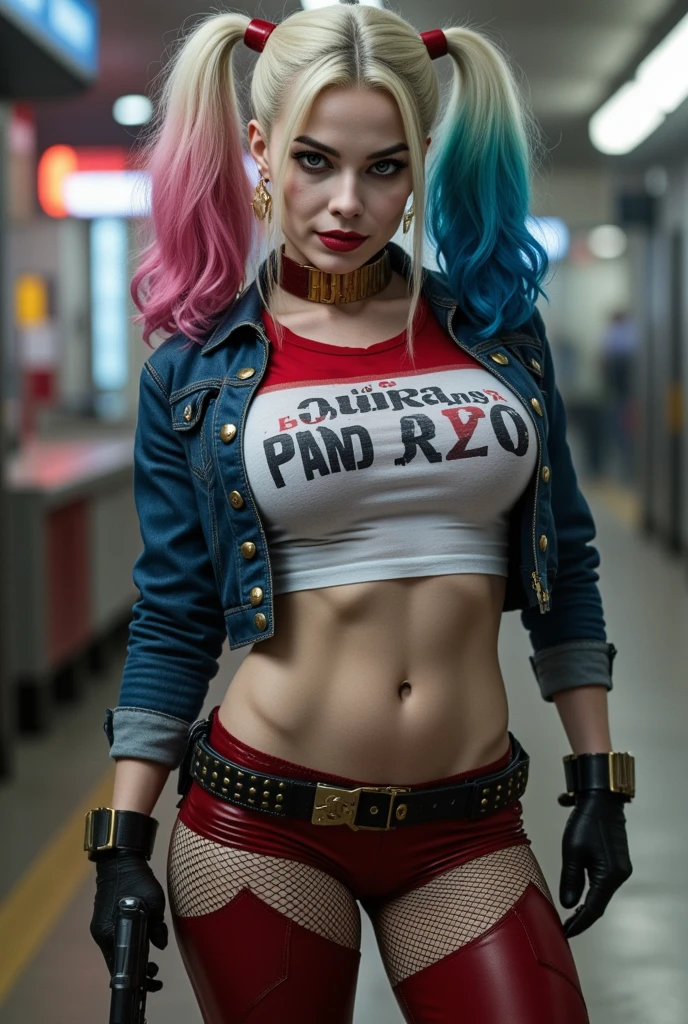 Margot Robbie as Harley Quinn (Suicide Squad movie) wearing a skimpy Harley Quinn (Suicide Squad) outfit, beautiful girl, nsfw, thick thighs, busty, cleavage, not safe for work, nipples, perfect vagina, trimmed pussy hair, thick pubic hair, dark inspired makeup, able to see nipples & pussy through clothing, city background, daylight