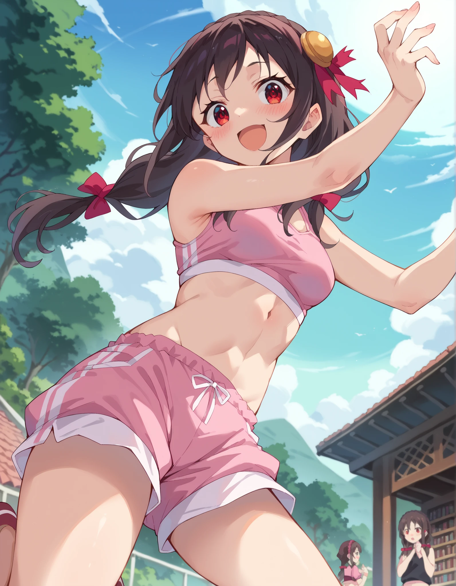 masutepiece、Photorealsitic、独奏、full bodyesbian、Top image quality、CG that looks like live action、4k、8k、Extremely detailed depiction、Perfect Anatomy、Anatomically correct body、pretty skin、Clean face、beautiful proportion、perfect fingers、Perfect limbs、one fair-skinned girl、Borei Reimu、Beautiful girl with well-formed face、Breast small、Borei Reimu attire、front facing、SQUATTING on the ground、itting open legs、White underwear is visible、Embarrassed look、Looking at the camera、The background is a shrine