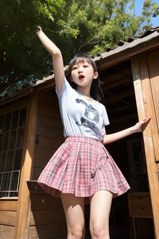 8K,masterpiece,Japanese,9 year old girl,from the front,smile,cute,innocent face,innocent,gentle eyes,Childish,plain t-shirt,short sleeve,A short blue checked skirt,semi-long,hair blowing in the wind,black hair,Slightly strong wind,noon,bright,sitting