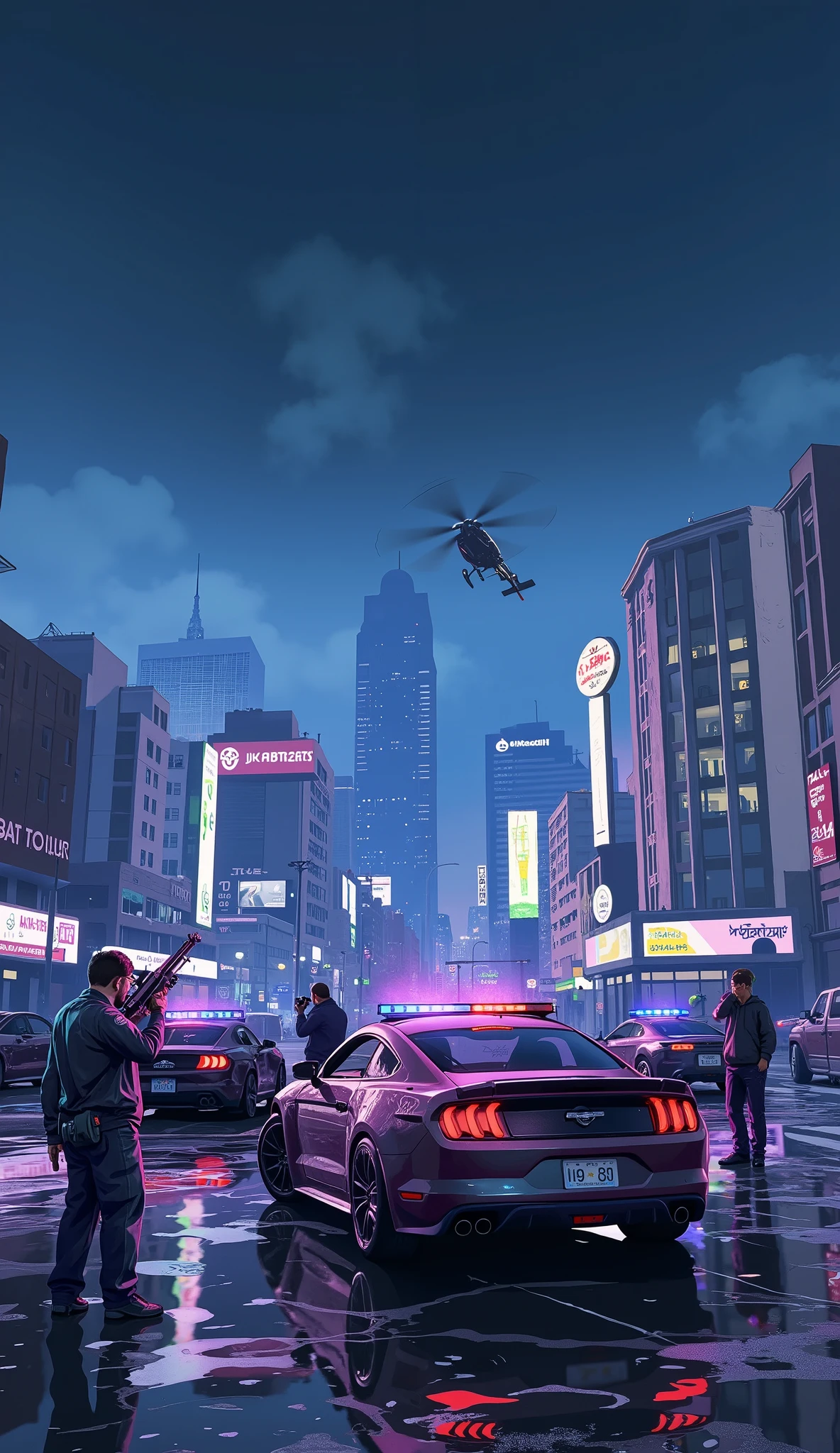 a highly detailed, 8k, hyperrealistic, photorealistic, cinematic, gta 6, open world, crime themed scene, dramatic lighting, gritty urban environment, detailed city skyline, neon signs, rainy night, armed characters, police cars, helicopters, action