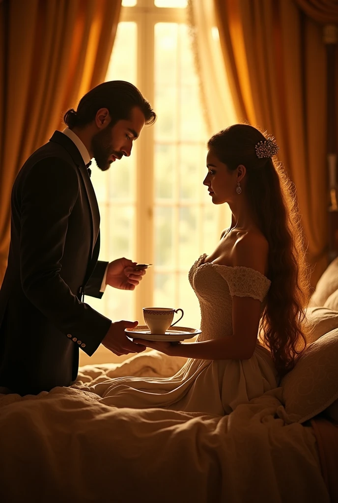 Husband is sitting on a bed and wife ia coming near a husbant and wife pick a milk glass and both wearing a wedding dreaa