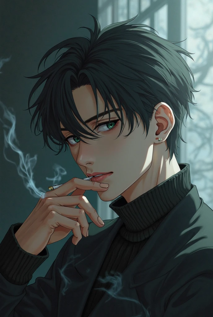 ((masterpiece, best quality), (anime), (close-up:1.36), (head-shot:1.36), (from front, facing front:1.15), (cigarette), 1man, male, solo, smoking a cigarette, black hair, facing front, facing front