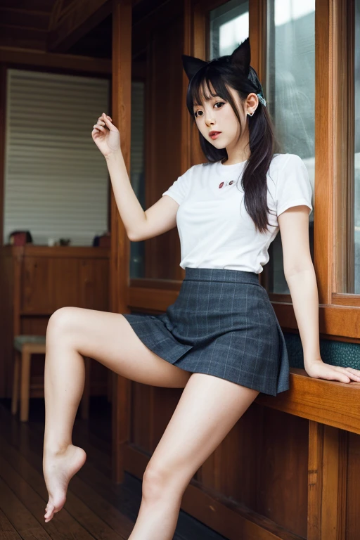 Highest quality、8K、Junior high school girl、Big Breasts、Denim shorts、Lacquer Black knee-high socks、Sit on the stairs、Spread your legs、Sexy pose