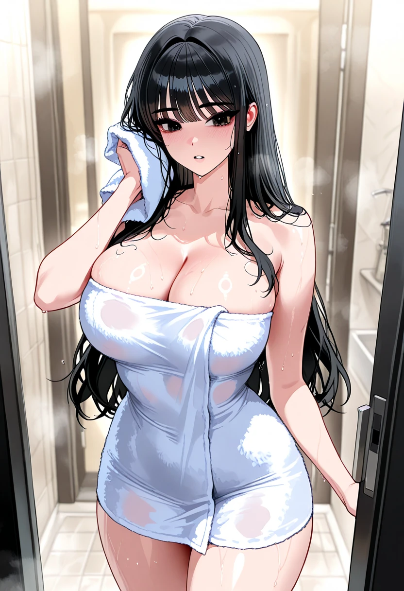 1girl, (mature female, older, huge breasts:1.4), milf, motherly, wide hips, curvy, naked towel, collarbone, lips, HDR, big ass, realistic, hyper detail,very precise detailed,ultra high resolution,extremely detailed CG unity 8k wallpaper,(Realistic,Photorealsitic,hyper realisitic:1.5), girls only, dynamic lighting, ((bold imaginative poses)), (Glossy skin:1.5), masterpiece, highest quality, disorganized, Audience,(Wearing a bath towel:1.4), (purple hair 1.4),((beautiful, fine eyes:1.3)),(wet clothes:1.4), thin, High resolution, sharp focus, Depth of the bounds written, eye for detail, clear eyes, ((Aesthetic Anime Eyes:1.4)), outdoors, sunrise sky,Open-air bath at a long-established hot spring inn,(Wearing a bath towel:1.4)