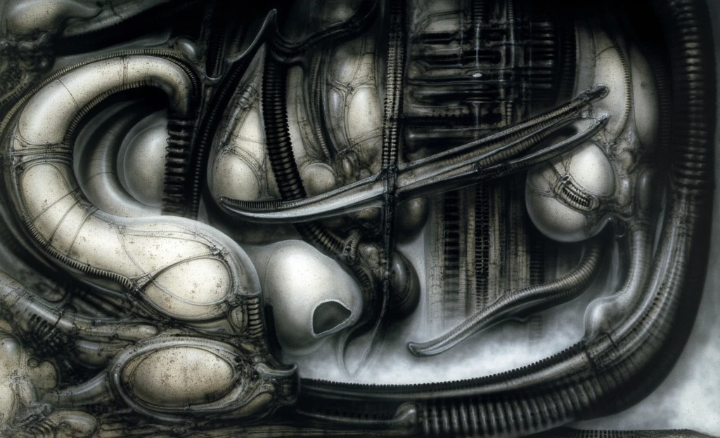 Giger_style, The image is a detailed view of H.R. Giger's \" chakhmate \" plate,
Create biomechanical tableau in h r giger's style. It is called “Schachmatt” (Checkmate) by H. R. Giger and was created in 1979.
The tableau depicts a nightmarish Thanksgiving dinner scene. A skeletal family sits around a table overflowing with grotesque food items. The skeletal figures are all different shapes and sizes, and they are posed in a way that suggests tension and unease. The table is made of bone, and the chairs are made of twisted metal. The food on the table includes rotting flesh, bones, and other disturbing items
The painting is a nightmarish biomechanical scene. In the center of the composition is a chessboard with several chess pieces scattered around it. The background is filled with industrial pipes and tubes. The overall feel is one of decay and desolation.
Giger’s signature artistic style, biomechanical surrealism, is on full display in this piece. Biomechanical surrealism combines human anatomy with machines. The skeletal figures in the painting are fused with mechanical parts, creating a disturbing and unsettling effect.
Here’s a more detailed description of the composition:
In the center foreground is a metallic chessboard with several metallic chess pieces scattered around it.
To the right of the chessboard is a skeletal figure hunched over tribune.
The art performance showcases the artist’s skills in observation and rendering. The level of detail in the piece suggests a close study of real bone specimens and anatomy. The artist has skillfully used shading techniques to create a convincing illusion of three-dimensionality on a flat surface.The wrinkles and cracks in the surface, and the cast shadows with accuracy, used shading techniques to create a realistic depiction of light and shadow on the objects. This creates a sense of depth and dimension in the image
The style is clearly biomechanical. Features combination of organic and mechanical forms. Mechan