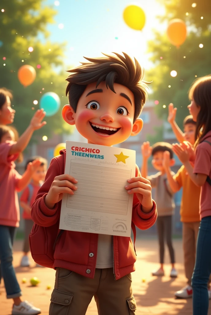In 3d cartoon animation style "**Ramesh Receiving Results**: Ramesh is holding his exam results, his face beaming with joy as he reads that he has secured the top rank. Other students and teachers are congratulating him, and there’s a feeling of celebration in the air."