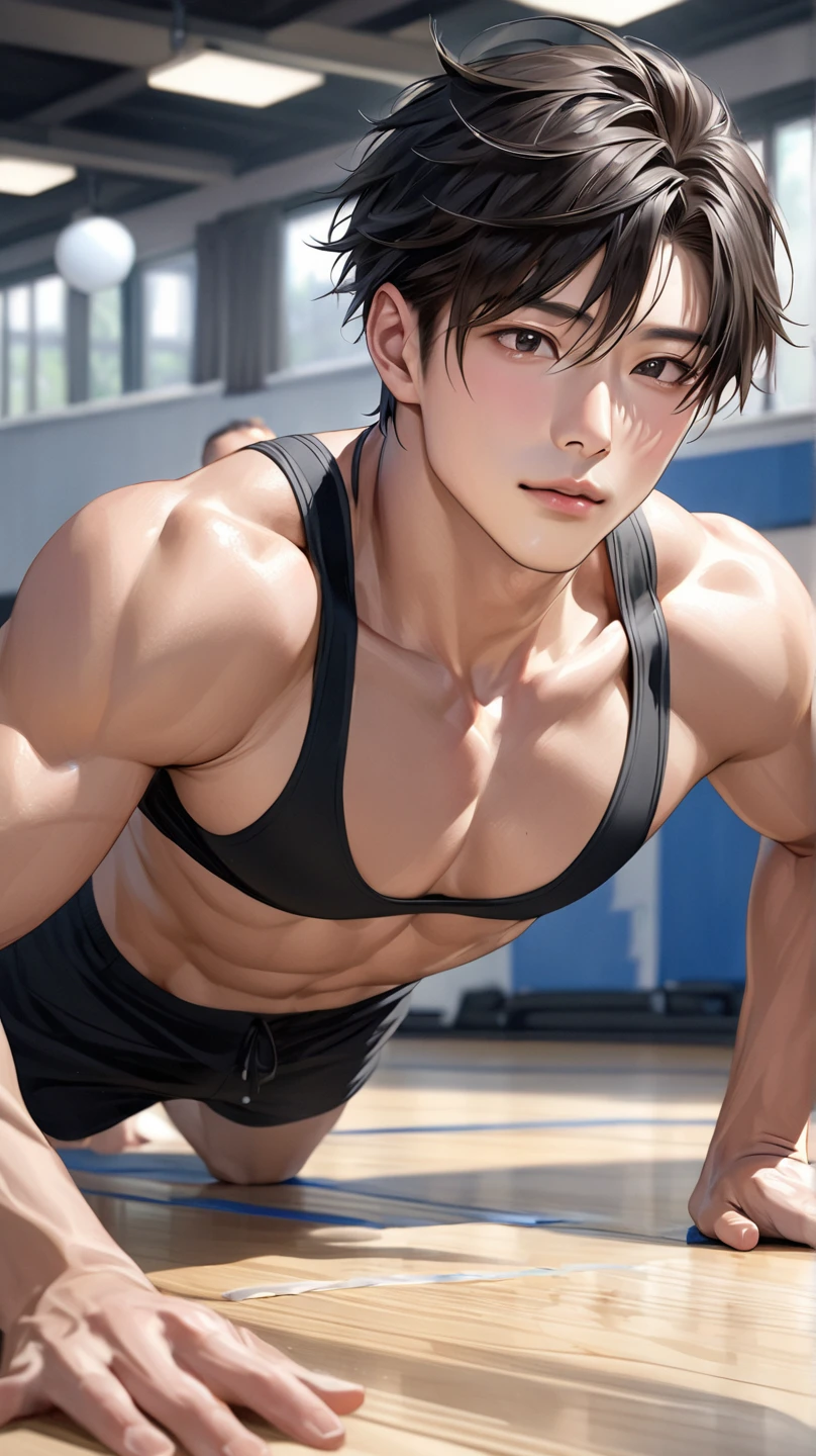 (best quality), Realistic, flexing, 14 year old Japanese idol body builder boy, (abs:1.4), black short hair, shiny skin, (detailed brown eyes:1.1), (smile:0.8), (black tiny thong), bulge, puffy nipples, detailed areola,
