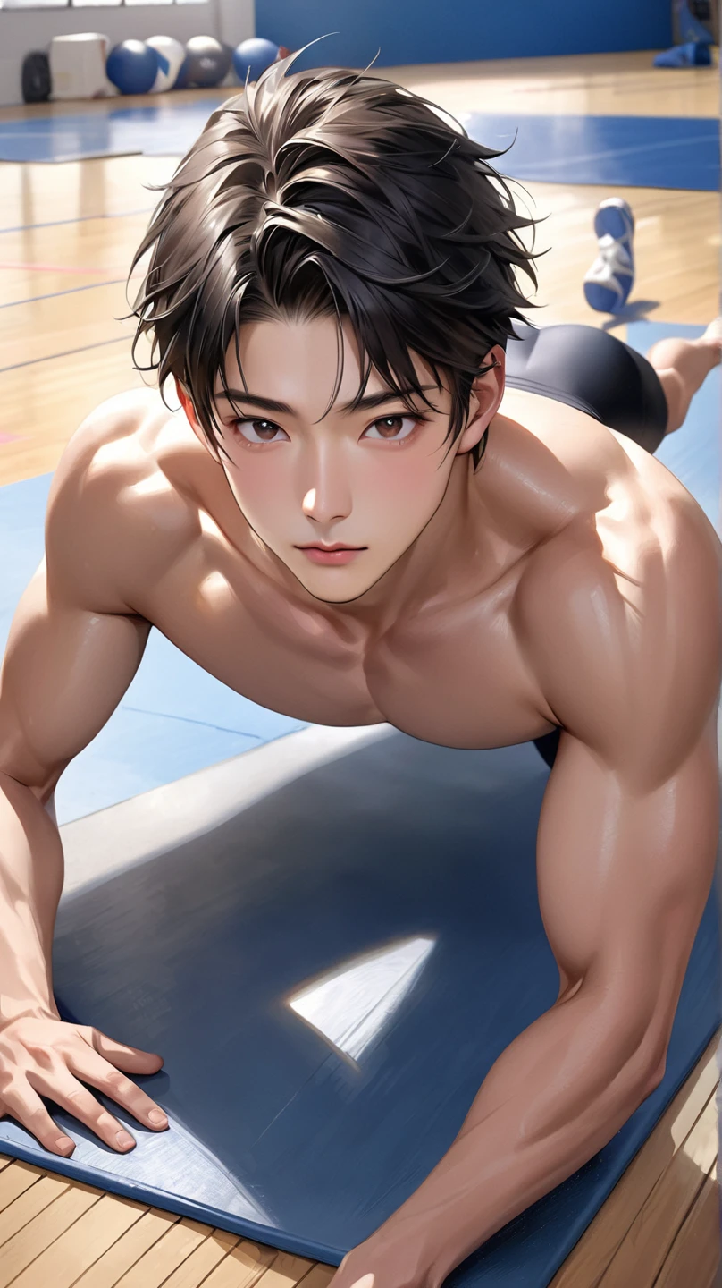 Japanese men、15 years old、Well-developed muscles and smooth skin、、A refreshing smile、Navy blue boxer briefs、The whole body is visible from toes to head、Bathroom、Wearing glasses、Tianya