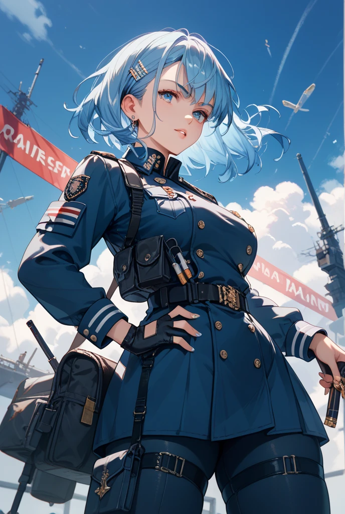 25 year old woman, whole body, Medium silver hair and realistic silhouette defined, eyes fixed on the front camera, wrapped in a blue cape and a hyper detailed metal armor, all in a FULL HD 8K quality of high definition, ultra detailed definition.
