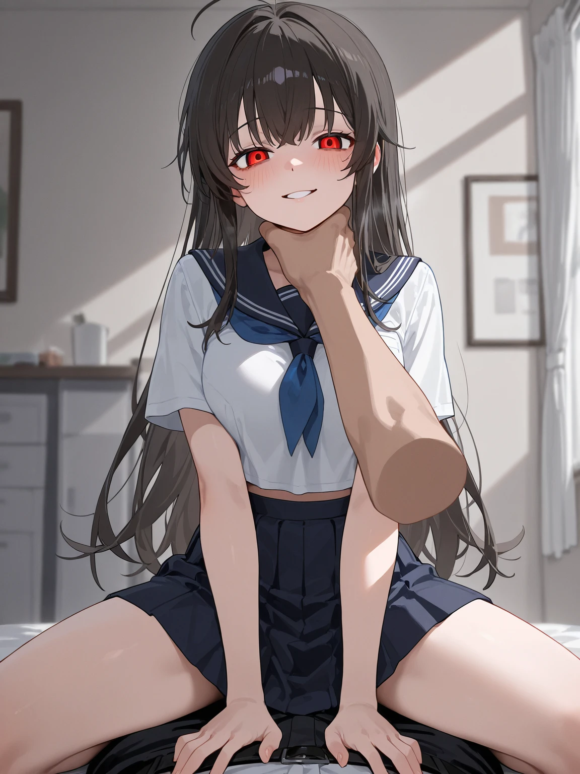 (((masterpiece, highest quality:1.5,absurdres))),,cowboy shot,20 year old beauty,solo,((very small head:1.3)),ponytail hair style,long hair,blunt bangs,black hair,glay eyes,shy,medium breasts,((very long body)),((slender body)),skinny,gleaming skin,shiny skin, sweat, (School uniform、White sailor suit、Navy blue sailor collar、Red neckerchief、Short sleeve、navel、Navy blue pleated mini skirt) ,sitting,Simple bed、Simple bedroom、Indirect lighting、