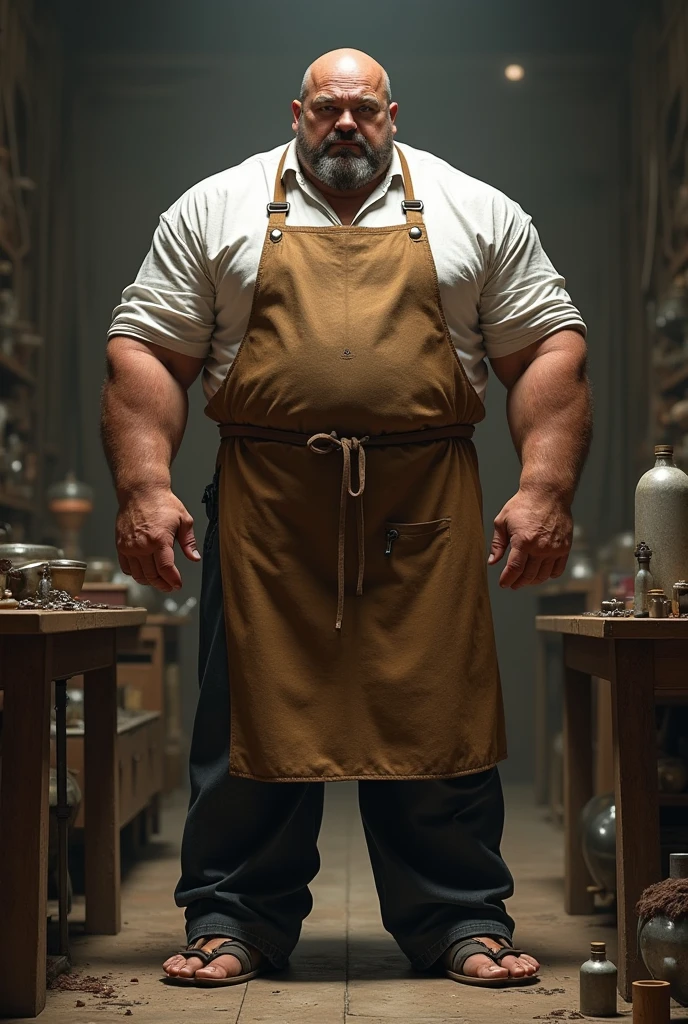Strong butcher man, little fatty, an yellow apron with an white shirt beneath it, black pants, belt with a large ox buckle, psycho face, holding a demon mask.