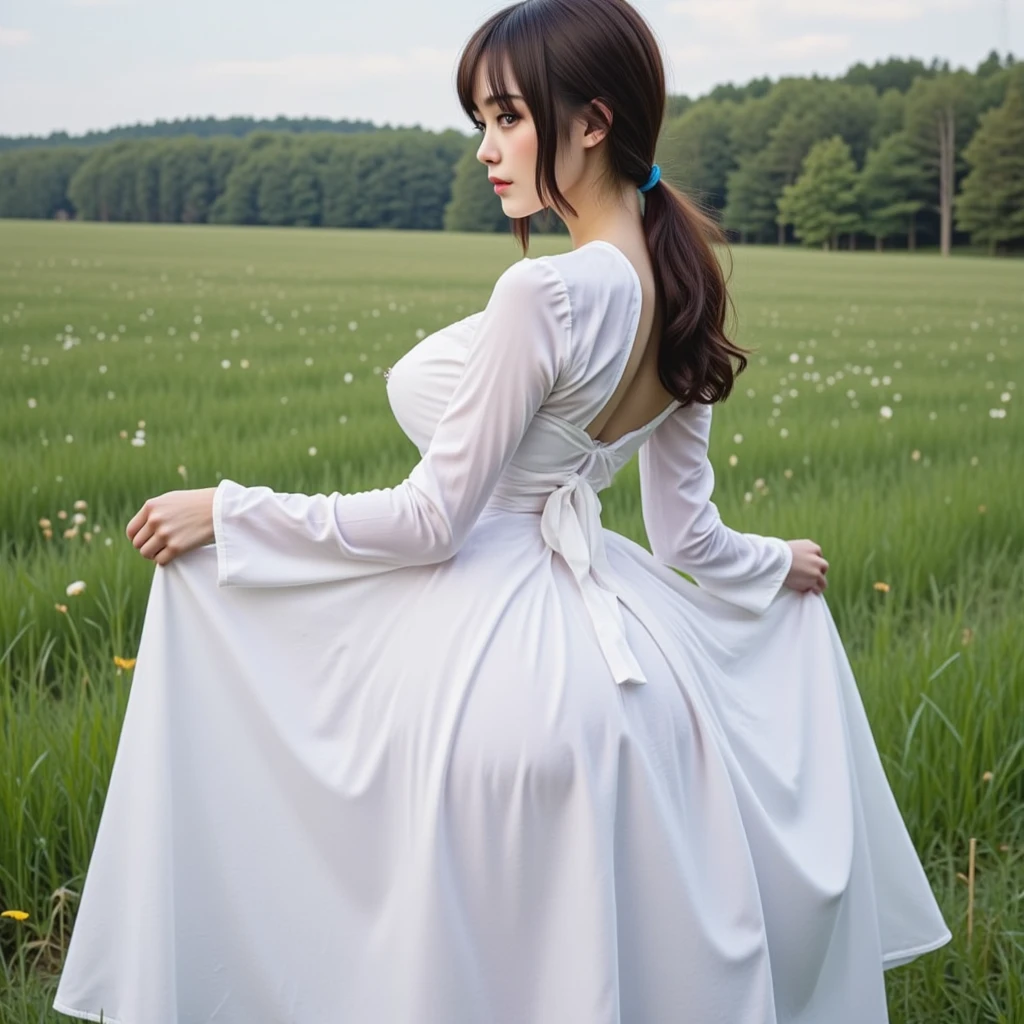 Japanese female, (underweight), (medium bust best quality:1.2), 30 years old, (cheerful grin:1.1),
grassland, (queen), hopeful, standing, semi long, (see through dress), (The lines of your body are visible through your clothes:1.2), with a castle, at sunrise, cowboy shot, ((from below)), sunrise, (Backlit:1.5)