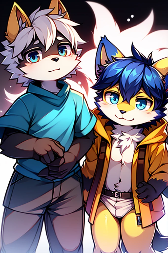 Chico gato, furry, Male, anthropomorphic, small breasts, ojos azules, messy hair size between lake and regular, pelo color azul, cuerpo color negro, pecho blanco, sonrisa, boca abierta, Navy blue jacket with horizontal yellow stripes on the sleeves and small black details, black pants a little damaged, patas traseras suaves, regular size tail, leve rubor, mirando hacia el frente, vista desde abajo, cuerpo completo, fondo de una azotea de un edificio grande de noche que la luna se pueda ver con algunas nubes en el cielo