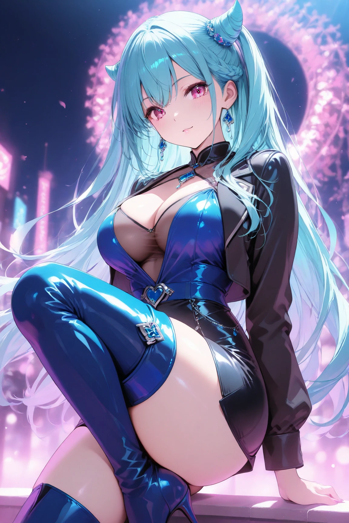 focus on breasts.seductive pose、(Two arms、(Hands behind head:1.6).(Downtown at night:1.5).(Top-down configuration:2.2)、(Exposing the nipples:1.9).(Bunny earmuffs:1.3)、(Composition from the front:1.1).(Squat, Spread your legs:1.9)、(Cowboy Shot:1.8)、(Shiny fluorescent green holographic gradient high leg sexy swimsuit:1.9)(Browsing Caution:1.8).(Glowing Skin:1.8).(Wet Skin:1.3).(Huge breasts:2).(Nipples are visible:1.9).Exposing the breasts:1.9).beautiful ,最high quality、Best image quality、masterpiece、((Top model at age 20、 By becoming、Best Bust、The tea that opened my heart、shining eye,((Heterochromia iridis, (右eye, red colored 右eye iris)(左eye, gray purple colored 左eye iris), eye; Red and gray purple)), (Fluorescent green holographic colored hair、), Silver-blue smooth and shiny top model hairstyle, Straight silk bangs, Cut in a straight line hair and bangs, Blunt bangs+Cut in a straight line, long and smooth hair、thin,Highest valley、black 、Shiny blue short skirt、shoulder jewelry ,Diamond Earrings、Wristband、black gloves)),high quality、beautiful芸術、background((School Area))、Flight、flying debris、Written boundary depth、movie、Visual Arts、Perfect art、8k,Genuine、Dynamic Performance