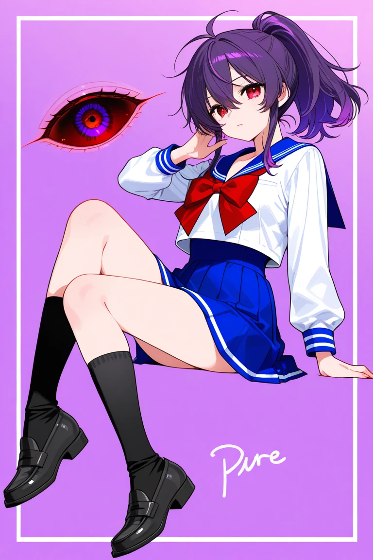 kyoka jiro, 1girl, solo, breasts, looking at viewer, short hair, bangs, skirt, large breasts, simple background, shirt, long sleeves, sitting, closed mouth, underwear, school uniform, blue hair, panties, jacket, full body, white shirt, purple hair, thighs, pleated skirt, necktie, shoes, socks, collared shirt, miniskirt, blunt bangs, white panties, legs, kneehighs, brown footwear, thick thighs, pantyshot, pink background, blazer, crossed legs, red necktie, green skirt, black socks, loafers, grey jacket, invisible chair, u.a. school uniform, long earlobes<lora:KyokaJiroLoRA-10:0.6>