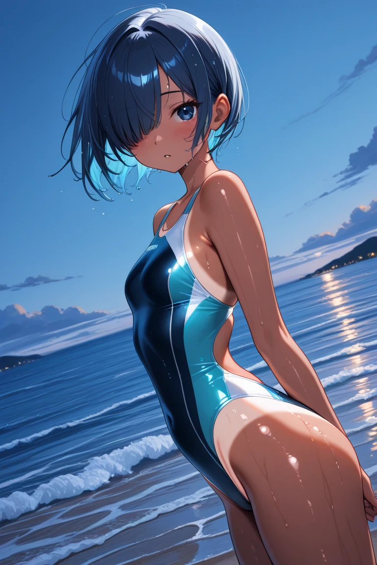 (nsfw,)(yamada ryou,blue hair,Yellow eyes,wavy shortcut hair),((solo girl)),((Perfect body,))((Super beautiful,))((High quality,))((Heavy breathing,sweat, Sweaty and wet all over,)),backlit,shiny glossy,small breast, Looking at Viewer,((Beach side,sexual swimsuit, cowboy shot,)),shyly,nipple,After sunburn,((Turning your back to me, sticking out your butt,))((She turns around with her back to me, sticking out her butt,from back view,Directly behind,))