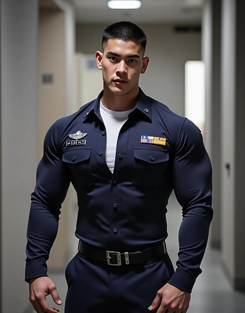 25-year-old boy Japanese lean fit male in navy blue police uniform shirt......... wearing police cap, wearing yellow speedo swimsuit...........gooning seductive expression.................... dripping on body...................., [[ big bulge]] hairy legs.................. muscular thigh........... in locker room........
