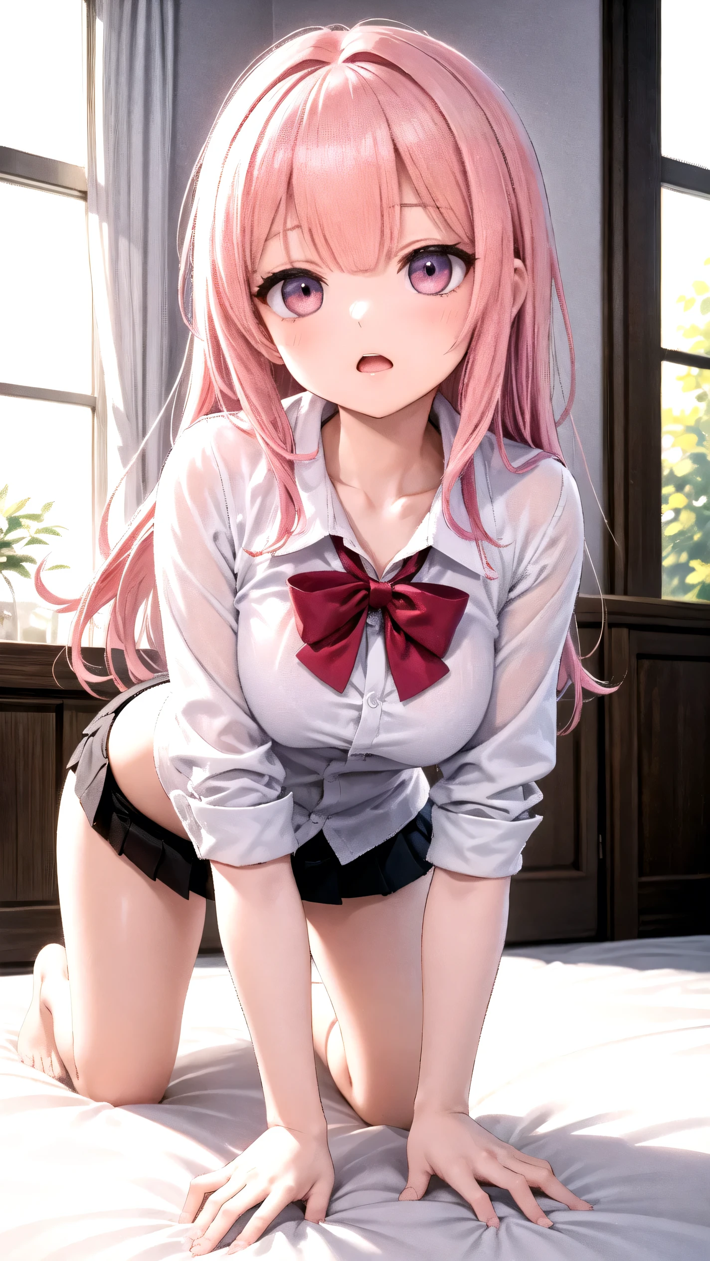 Masterpiece、masterpiece、top quality、Super detailed、High resolution、8K Portrait、High definition CG of Unity 8k wallpaper、Cute little:1.5、:1.5、Highly detailed CG Unity 8k wallpaper、Realistic、Real person、 Portrait Photography、Shiny skin、High definition、(16 yd:1.2)、(1 girl)、Beautiful clear eyes、extremely detailed description、Delicate face、Nice lips、Slim body、(thin waist)、Thin legs、(on bed:1.6)、1 Girl, Cute, Perfect Face, seriously, (blush:1.4),(Pink hair bob:1.1),(big breasts:1.2),(school uniform:1.5),(arms on head:1.8),(looking at viewer),(embarrassed:1.6),nsfw,(1 boy:1.3),(pov hands:1.5), ((grabbing another's breasts:1.8)) ,(orgasm:1.5),((nino nakano:1.5))