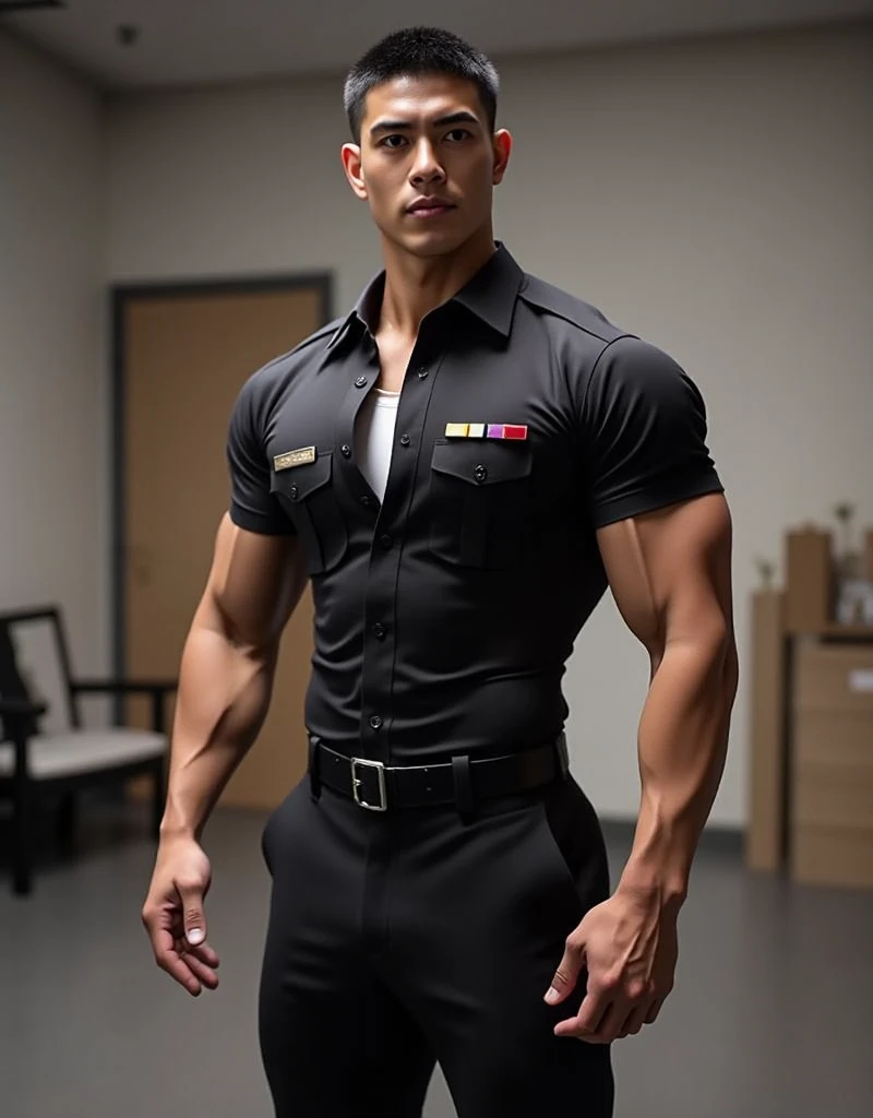 3d model,a hot asian daddy,lean body, 29 ages , wearing a police uniform, chains necklace, (huge pecs) , tan skin, at home olds,cool
