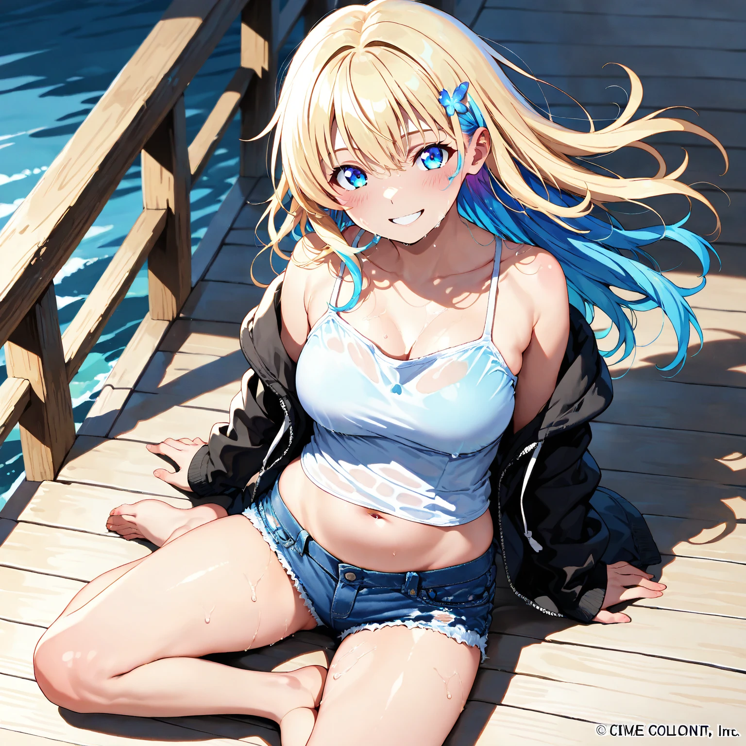 Blonde woman with breasts in a wet white T-shirt, black shorts, fishnet stockings, sneakers glasses round