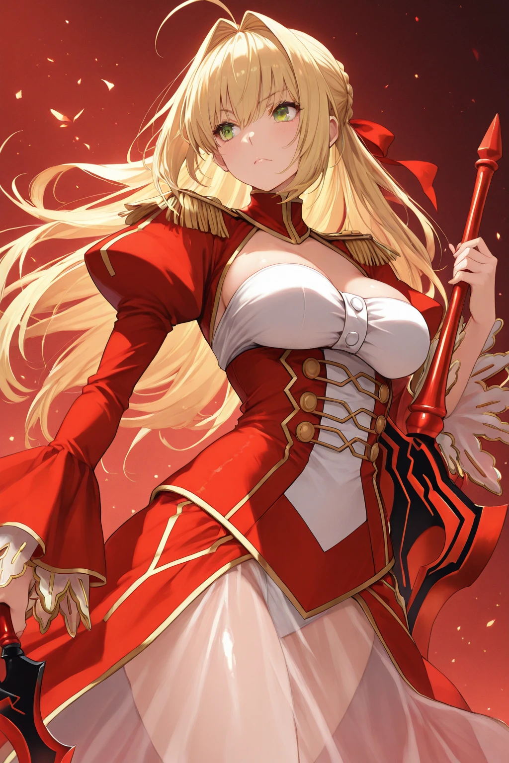 best quality, extremely detailed,anime style girl,((wavy)) long hair,((((blunt bangs)))),(hair between eyes),((bright blond hair)),beautiful detailed eyes,Orange eyes,Sharp eyes with many eyelashes,huge breasts,(((scarlet princess dress))),Complicated pattern,hair ornament,Luxurious room in castle,smile,dynamic angle