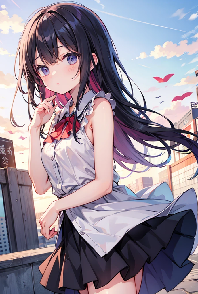 Angle from below:1.3,grin、Close-up、purple hair、straight hair、cute、summer:1.3、shirt:1.3、、skirt(((Highest image quality、High resolution、masterpiece、one woman)))、(((showing armpits:1.3)))、(((embarrassing:1.3、)))、(((cute)))、flower、everyday scenery