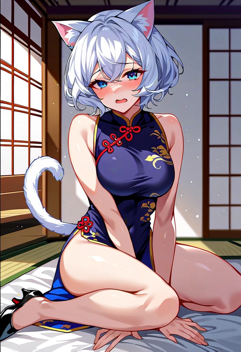 1girl、(((best quality)), ((masterpiece)), (details), masterpiece, best quality, high quality, ulutra detailed, perfect face, ((1girl, blue eyes, cat ears: 1.3 silver bob hair: 2.5,)) and ((Big white wolf sitting on my lap:2.1)) 、Shiny Hair、Glowing Skin、blush、Lustful look、Small breasts,Sidetiletto heels、China dress、Alluring expression,Chinese gorgeous outdoor background、