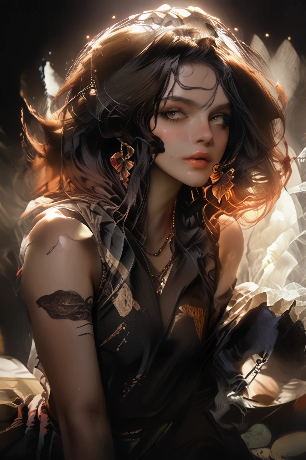 vampire red eyes, sadistic smile, short mini skirt, sweatshirt, black hair with red locks masterpiece, best quality), intricate details, (best quality)), ((masterpiece)), ((realistic)), (hyperrealism:1.2), (fractal art:1.2)extremely detailed eyes, colorful, more detailed, vibrant colors, high contrast, (8K UHD:1.2), (photorealistic:1.2), posing for photo in sexy pose