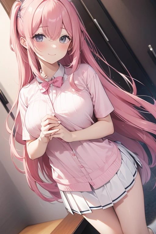 ((Highest quality)), ((masterpiece)), (detailed), high school girl, Lewd, pink Hair,Returning home,Nice body
