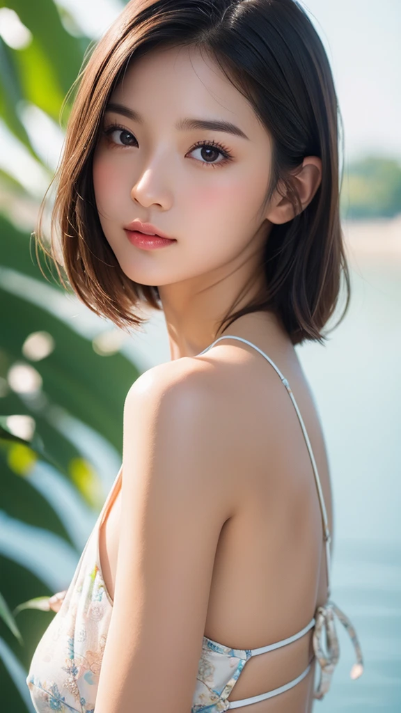 (Surreal), (Consciousness upward), (High resolution), (8k), (Very detailed), (The best Consciousness upwardns), (Beautiful and detailed), (Highest quality), (Very detailedな), (masterpiece), (Detailed face), Big eyes,Sweaty, Slender body, Long Hair,Colored inside,alone,A girl wearing a simple black bikini, Huge , smile, Sea of night, moon, 16 years old, See through,Beautiful and fair、Glowing Skin, Nice, bright, Refreshing and gentle look, Perfect beautiful face, Highly realistic photos, High resolution, Detailed face, Large Breasts, Short Hair