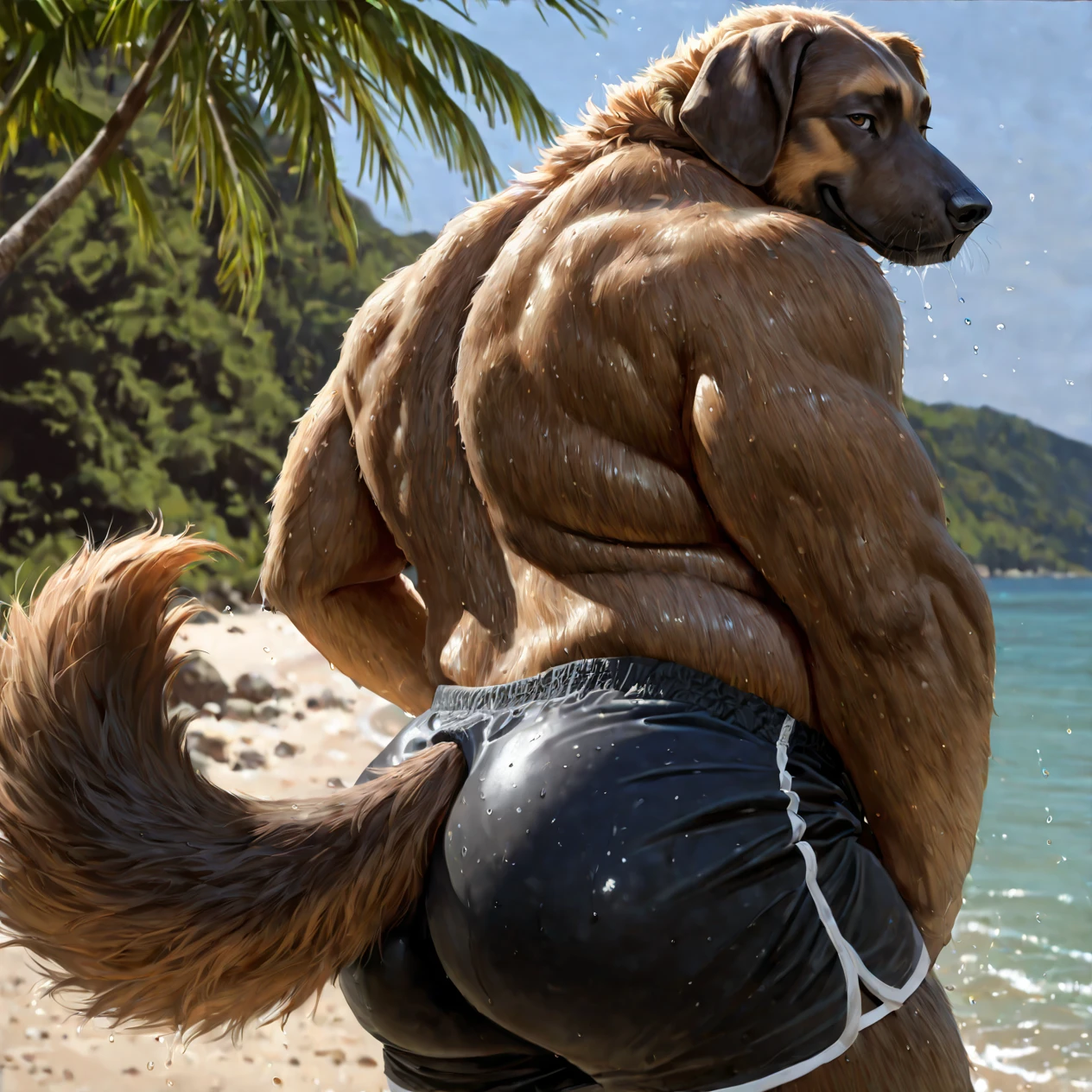 NSFW () (Nami ((human)) large breastp of pubic hair) rear view, fucking male ler with knotted penis, full body, onserted beach