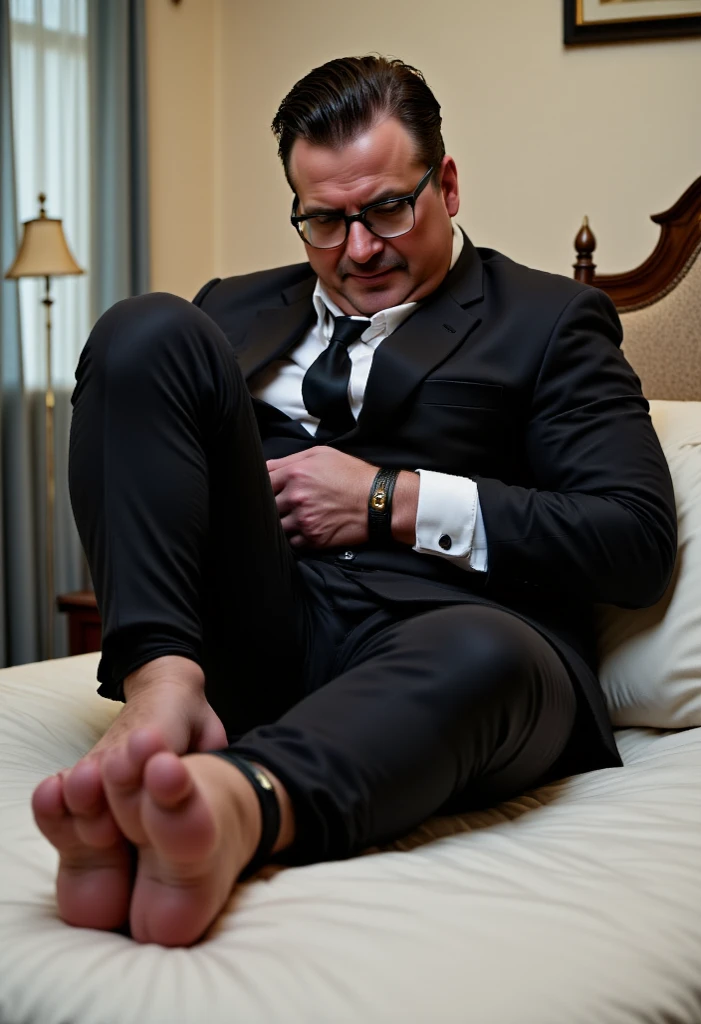 Suit Leaky ankle Black stockings Chinese old man slightly chubby Elegant Amiable Lying in bed Old man Old man Wearing glasses Spread legs Fully dressed Leather shoes