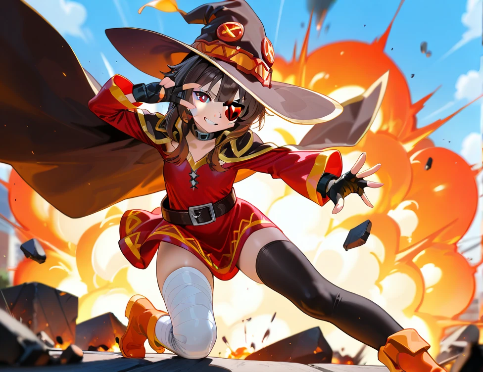 megumin, kono subarashii sekai ni shukufuku wo!, 1girl, full body, solo, standing, looking at viewer, hat, witch hat, brown hair, short hair with long locks, red eyes, blush, black choker, collarbone, flat chest, off-shoulder dress, dress, red dress, brown cape, long sleeves, black gloves, fingerless gloves, belt, brown belt, gold trim, zettai ryouiki, skindentation, (asymmetrical legwear:1.4), mismatched legwear, (bandaged leg:1.3), black thighhighs, nature, village
