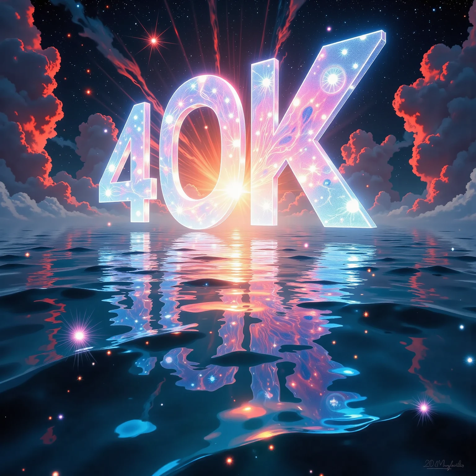 (((article, "Thank you for 40K favorite ", Add text"Thank you 40K favorite", hologram huge font))) , images of fantastical water, with images of beautiful reflected in it. ,wave ,ultra clear colors , Mystical,various colors,gradation,lighting