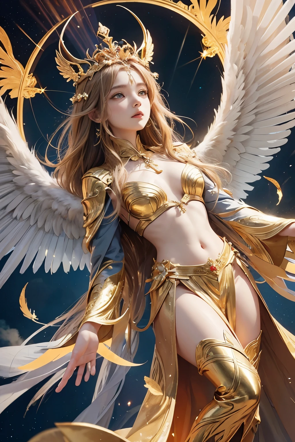 full body image,Realistic 8K images,high definition,Masterpiece,Complete anatomical details,Model poses,The angel has long, golden wings., flowing blonde hair, sweet smile, and wore a red bikini with gold stripes.,Some white cloth has gold stripes., Float in the air