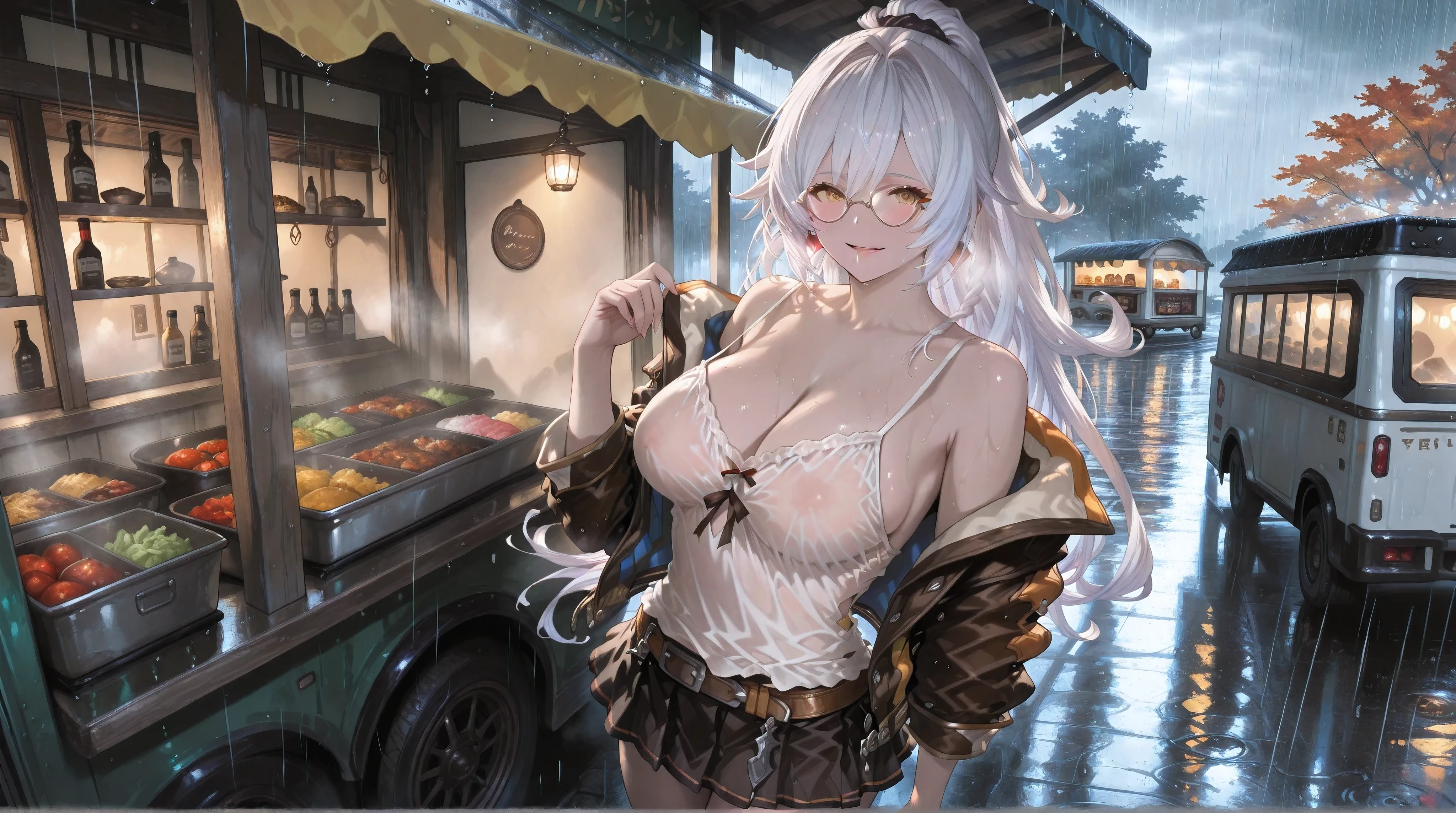(NSFW:1.1), A Realistic image, extremely sharp focus, crisp details, high resolution, 4K, 8K. (correct anatomy and detailed hand). A wide angle shot, side view, a detailed, high quality rendering of Silva (gbfsilv) from Granblue Fantasy. She wears beautiful, detailed round eyeglasses, she wears a camisole, varsity jacket and miniskirt. She has a beautiful large breasts. She has a beautiful face details, a beautiful detailed yellow eyes, white hair, detailed hands, five fingers and a real human skin, her expression is happy and she looks at the viewer. She's standing in front of a food truck. Rain, autumn, dramatic cold soft light casting soft natural shadows, cold and warm color pallete. the background has highest detail, detailed background and depth of field.