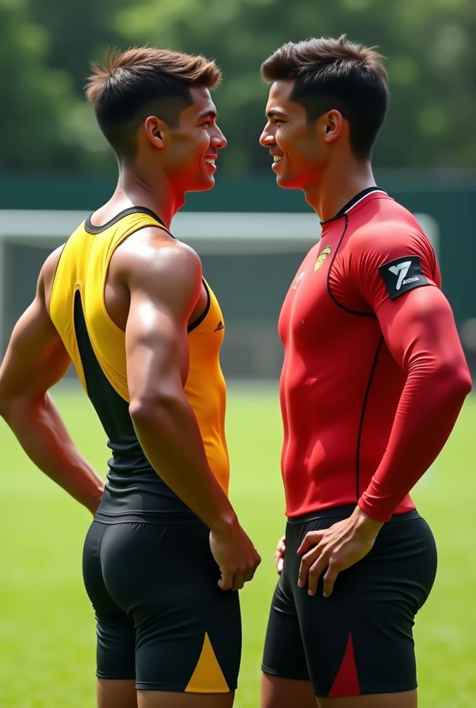 Asian young rugby player A and Asian rugby player B。A has a buzz cut and dark skin、muscular。Wearing sleeveless rugby uniforms。B has short hair and is a muscular jock。A and B kissed after a rugby match.、Touching each other&#39;s crotches first person view, 