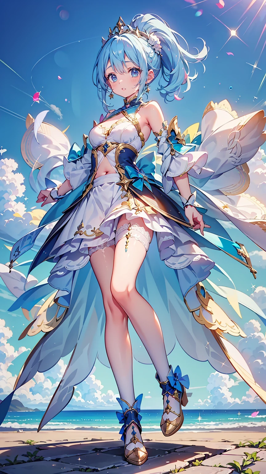 best quality ,masterpiece, illustration, an extremely delicate and beautiful, extremely detailed ,CG ,unity ,8k wallpaper, Amazing, finely detail, masterpiece, best quality, official art, extremely detailed CG unity 8k wallpaper, solo, thigh focus, (full body), arms behind back, white background, finely detailed face and eyes, extreme detail, detailed face, detailed hair, detailed clothes, high quality, slim body, big chest, water, masterpiece:1.3, focus:1.2, skirt, short skirt, transparent skirt, lace skirt, all kind of pose, big , hair ornament, meticulous clothes, inspired by Asukaziye artist : ask, art style : ask