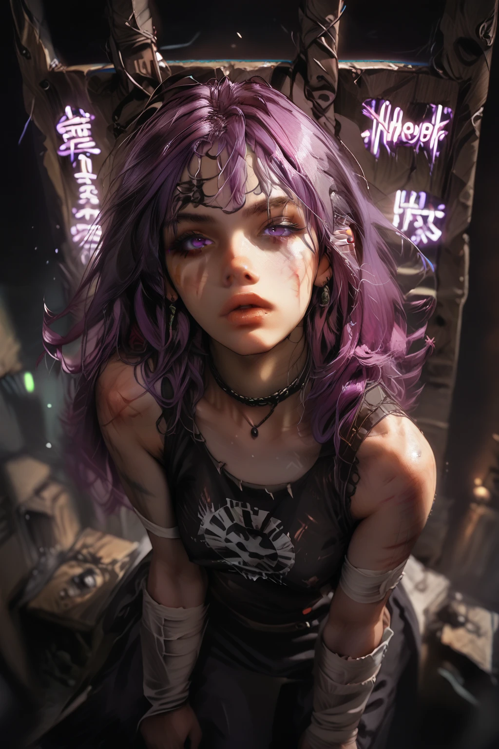 Korean purple hair butterfly woman with headphone and shiny pink outfit crying blood with realistic bruised face