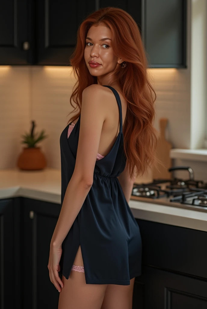 tight dress, perfect body, tight suit, female model, thin waist and thick hips, in the kitchen