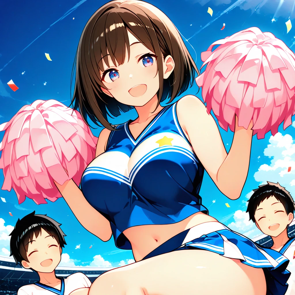 highest quality、High resolution、detailed background、cute teen girl、brown hair、bob cut、ponytail、(huge breasts:1.2)、perfect body line、big ass、vast sky、jump and fly in the sky、(Cheerleader、I&#39;We&#39;re rooting for you、sexy cheer costume)、(pom pom:1.2)、White floral embroidered panties、White floral embroidered bra、emphasize the underboob、I can see the underboob、angle from below、
See here、open your mouth and smile、smile、healthy、healthyふともも、Healthy and beautiful、legs open、panty shot