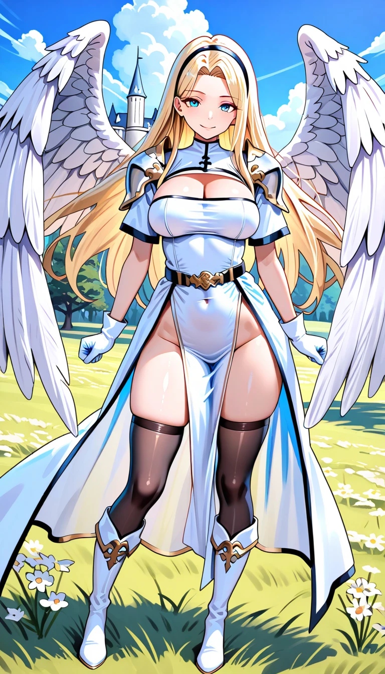 AngeAngewomon from digimon, symbiote, venom, legs crossed, sitting, big breasts, thick thighs, big thighs, big breasts, big butt, sunset, on top of a hill, detailed face, beautiful face,