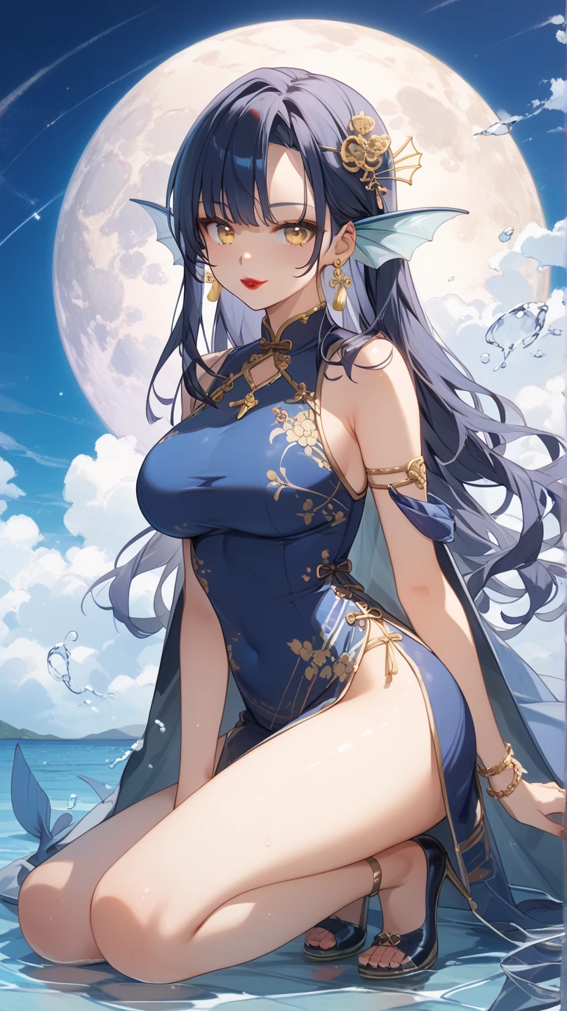 (masterpiece)、(highest quality)、((Super detailed))、(super delicate)、cute、Pastel colors hair、beautiful breasts、Gorgeous、fantastic sea of stars、Golden, silver and purple cheongsam